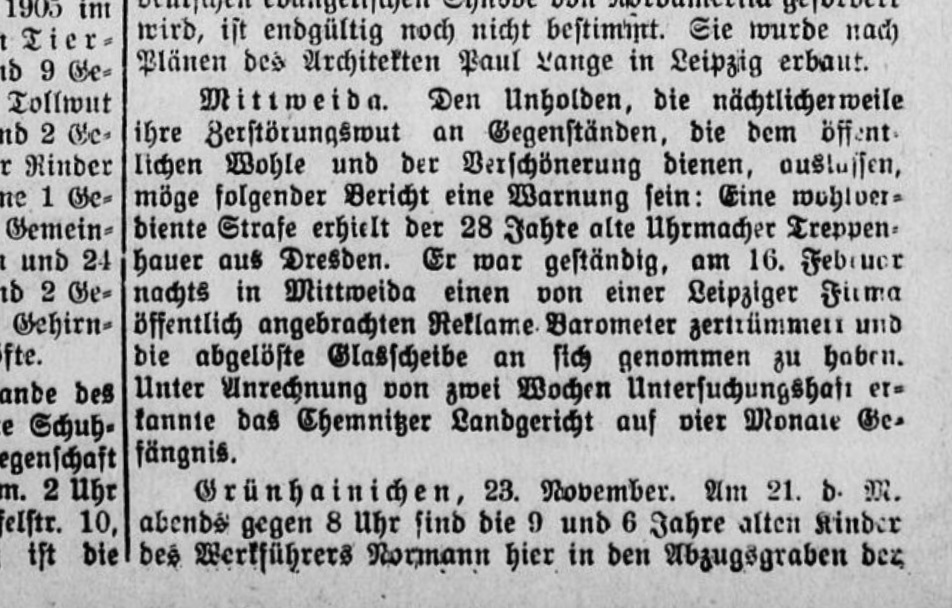 Treppenhauer erwähnt im Riesaer Tageblatt und Anzeiger von 24. November 1905
