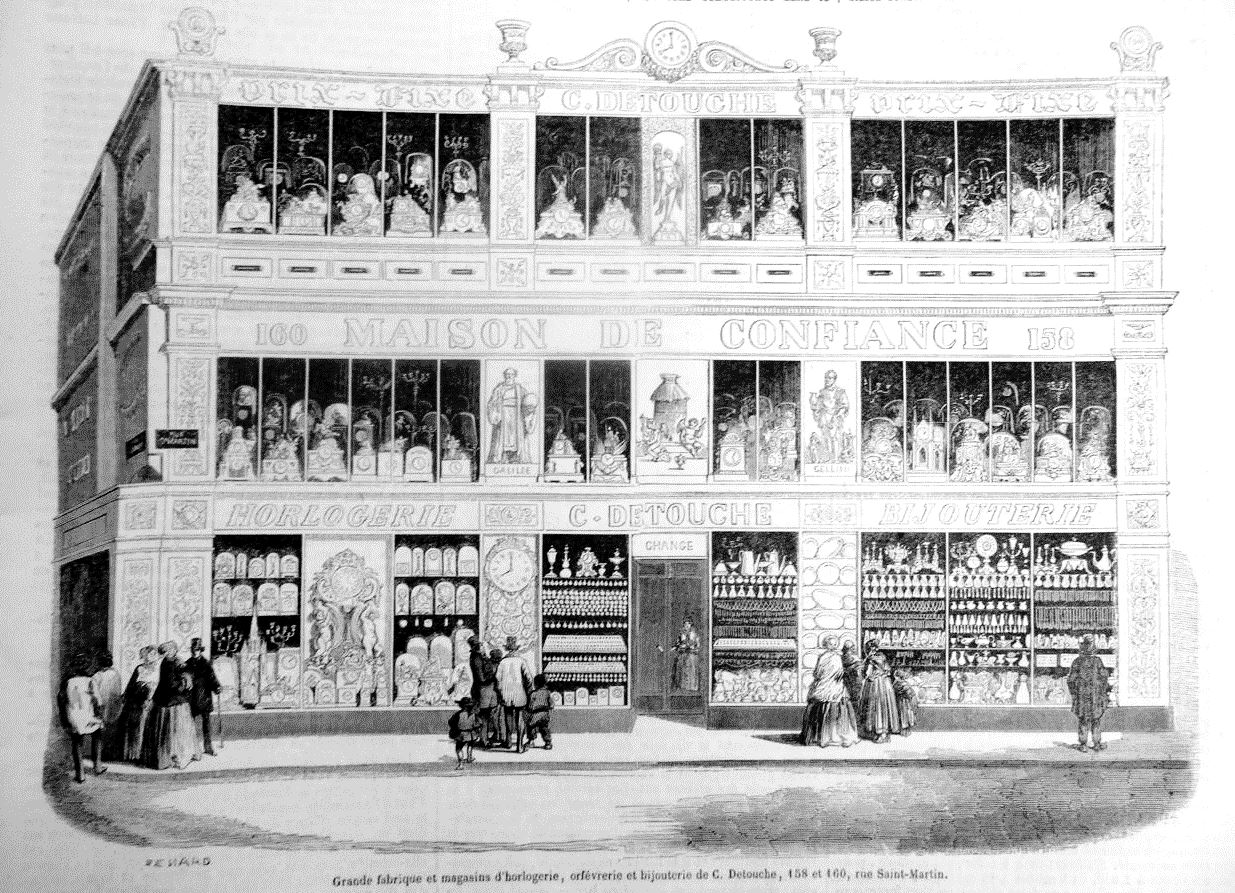 thumb} Grande fabrique et magasins d'horlogerie, orfèvrerie et bijouterie C. Detouche, 158 et 160 Rue Saint-Martin