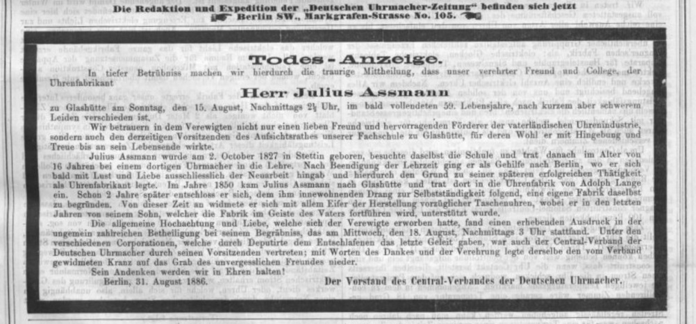Todesanzeige Julius Assmann Deutsche Uhrmacher-Zeitung 1. September 1886