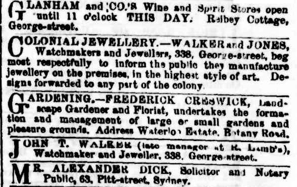 Walker & Jones, John T. Walker, The Sydney Morning Herald, Monday 5 April 1858.