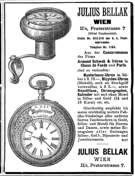 Datei:Julius Bellak Wien, anzeige in der Österreichisch-Ungarische Uhrmacher-Zeitung 1893.jpg