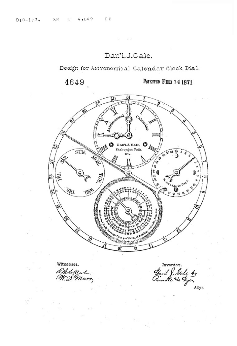 Daniel J. Gales Zifferblatt Patent 14.2.1871