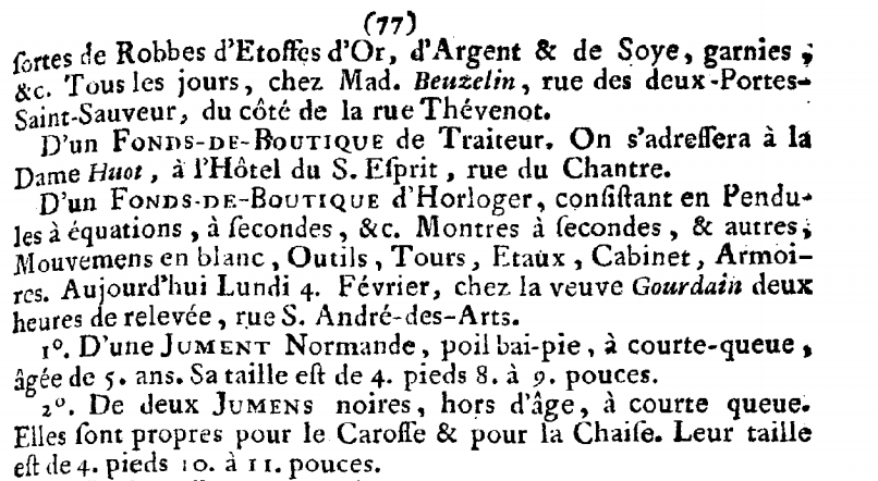 Veuve Gourdain, Annonces, affiches et avis divers Paris 1754