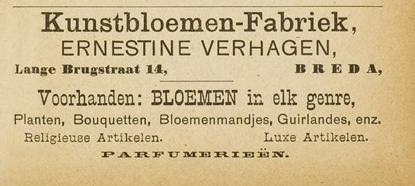 Ernestine Verhagen - Herzet advertentie in het adresboek, wijk- en huisnummering van Breda