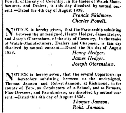 The London Gazette 1838, Joseph Olorenshaw, die Partnerschaft zwischen die Henry und james Hedger und Joseph Olorenshaw im gegenseitigen Einvernehmen aufgelöst