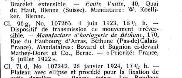 Brevets d'invention, Manufacture d 'Horlogerie de Béthune No. 107265 1923