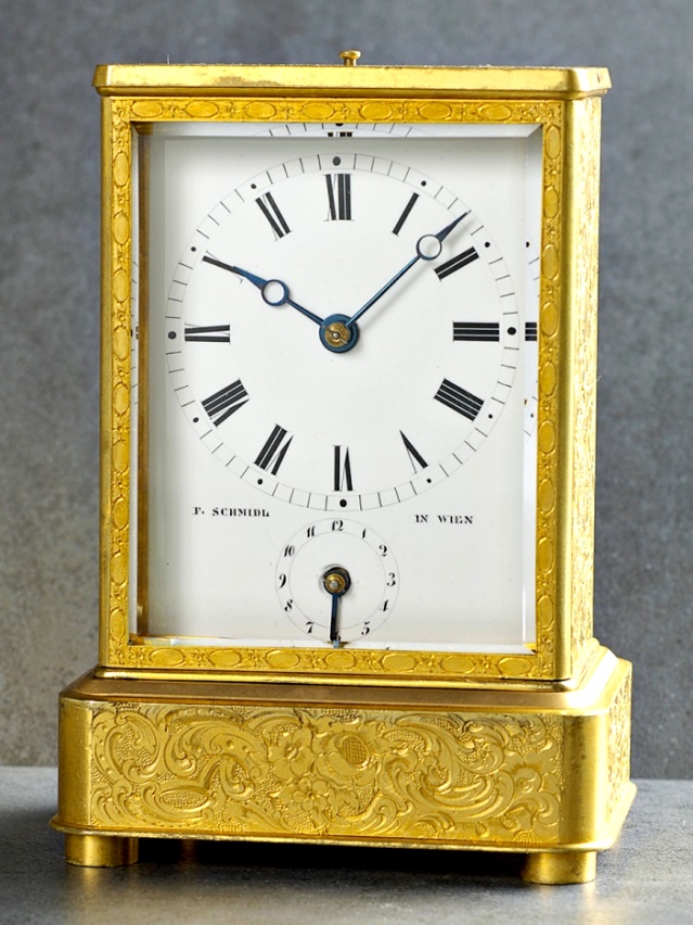 Reiseuhr mit Duplexhemmung, Wiener 4/4-Schlag "Grande Sonnerie" und Repetition sowie Wecker, Franz Schmidl in Wien, circa 1850