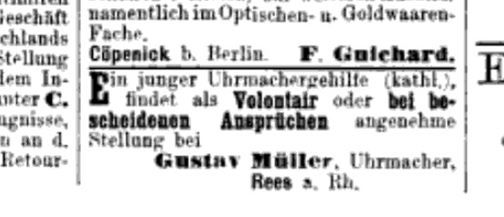 Datei:Anzeige Gustav Müller in Rees Deutsche Uhrmacher-Zeitung - Volumes 10-11 - Pagina 104 1886.jpg