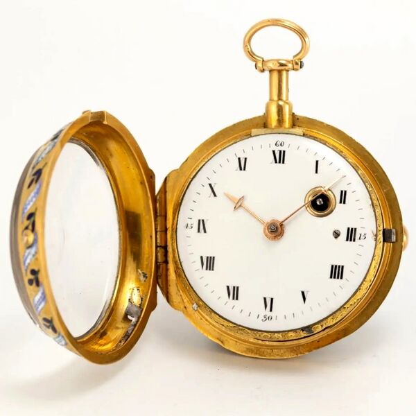 Datei:Jean Baptiste Baillon, beeindruckende Goldemail-Spindeltaschenuhr mit à toc Viertelstundenrepetition, ca. 1750 (4).jpg