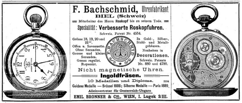 Datei:F. Bachschmid. Uhrenfabrikant Biel, anzeige in der Österreichisch-Ungarische Uhrmacher-Zeitung 1893.jpg