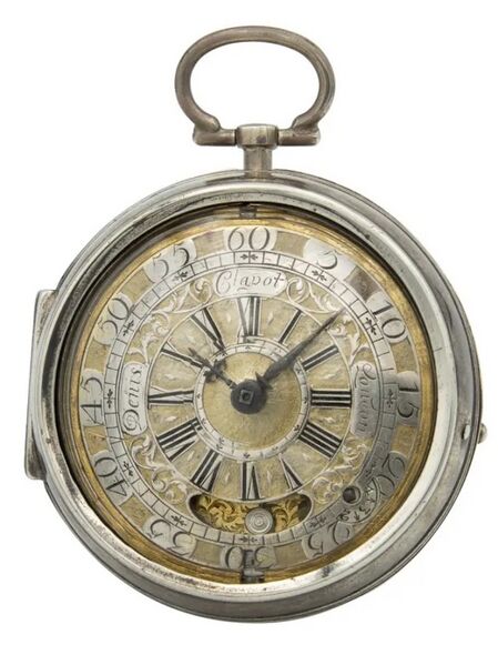 Datei:Denis Clapot London, Doppelgehäuse-Spindeltaschenuhr mit Scheinpendel ca. 1720 (1).jpg