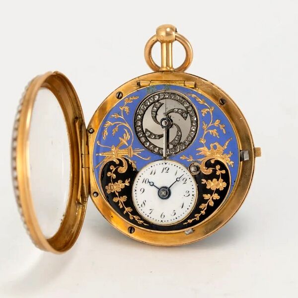 Datei:Antoine Moilliet & Cie. Genfer Goldemail-Damentaschenuhr mit sichbarer, diamantbesetzter Unruh, ca 1800 (3).jpg