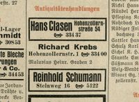 Anzeige im Adressbuch Kassel, Richard Krebs Antiquitätenhandlung