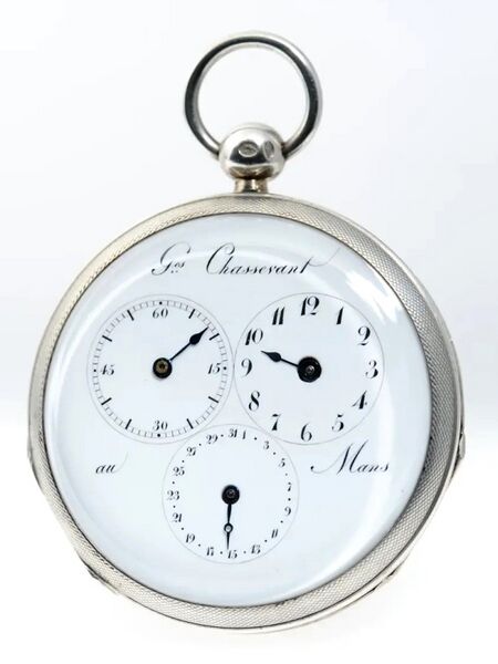 Datei:Georges Chassevant au Mans, Herrentaschenuhr mit Regulatorzifferblatt, Datum, Geh. Nr. 1021 5638, circa 1820 (1).jpg
