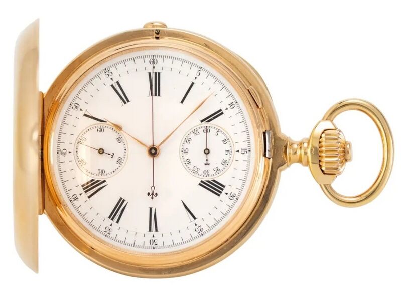Datei:Chaudé, Roségoldene Savonette mit Chronograph Werk Nr 13138 ca. 1895 (1).jpg