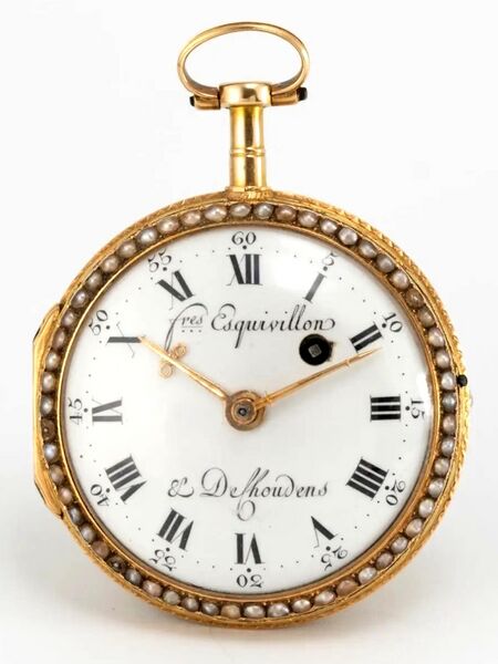 Datei:Frères Esquivillon & DeChoudens, mit Halbperlen und Granaten besetzte Genfer Spindeltaschenuhr a trois couleurs ca. 1780 (1).jpg