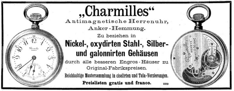 Datei:Charmilles Uhren, anzeige in der Österreichisch-Ungarische Uhrmacher-Zeitung 1893.jpg