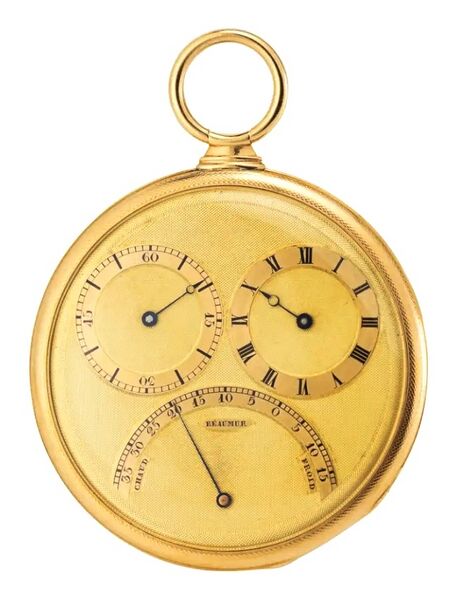 Datei:Sylvain Mairet, extraflache Taschenuhr mit Rubinzylinderhemmung und Regulatorzifferblatt mit Temparaturanzeige in Reaumur, ca. 1840 (1).jpg