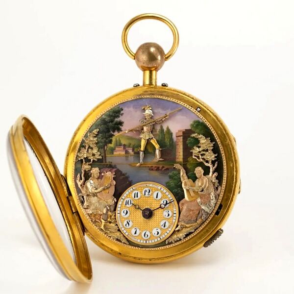 Datei:Du Bois & Fils, Taschenuhr mit Viertelstundenrepetition, Musikspielwerk und drei Automaten Der Seiltänzer ca. 1790 (2).jpg