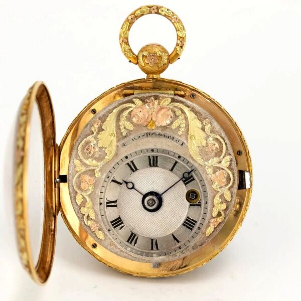 Datei:Moricand & Degrange, mit Türkisen und Amethysten besetzte Genfer Goldemail-Spindeltaschenuhr à quatre couleurs ca. 1829 (3).jpg