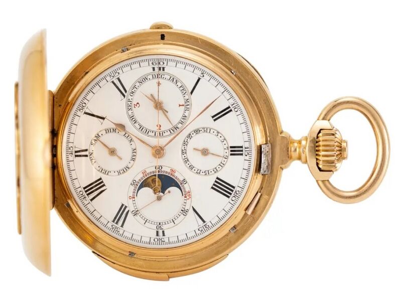Datei:J. E. Dufour & Cie. Savonnette mit Chronograph, Minutenrepetition, ewigem Kalender und Mondphase Nr. 14741 ca. 1890 (1).jpg