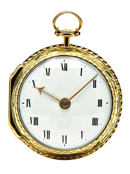 Datei:Jno. Green, Londoner Goldemail-Spindeltaschenuhr, circa 1755 (1).jpg