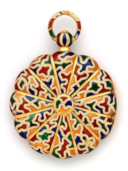 Datei:Moynier & Fils Gehäuse aus Gold und Emaille, juwelenbesetztes Uhrwerk mit Zylinderhemmung, ca 1825 (2).jpg