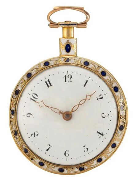 Datei:Peter Prestiot Goldemail Taschenuhr mit Zylinderhemmung ca. 1816 (1).jpg