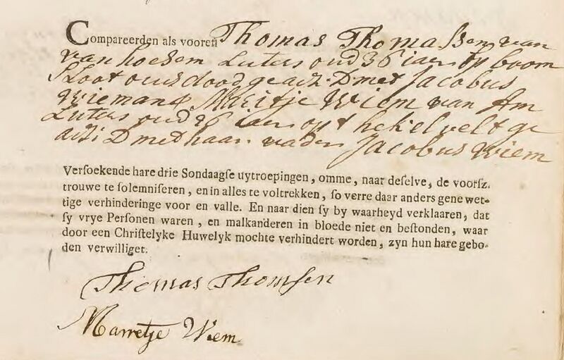 Datei:Thomas Thomsen Hochzeitbekannmachung 26. April 1765.jpg