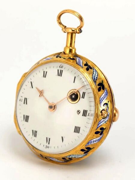 Datei:Jean Baptiste Baillon, beeindruckende Goldemail-Spindeltaschenuhr mit à toc Viertelstundenrepetition, ca. 1750 (3).jpg