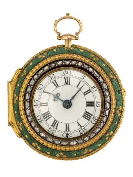 Datei:Benjamin Sidey, Londoner Achat -Spindeltaschenuhr mit Viertelstundenrepetition und polychromem Emailmedaillon ca. 1750 (01).jpg