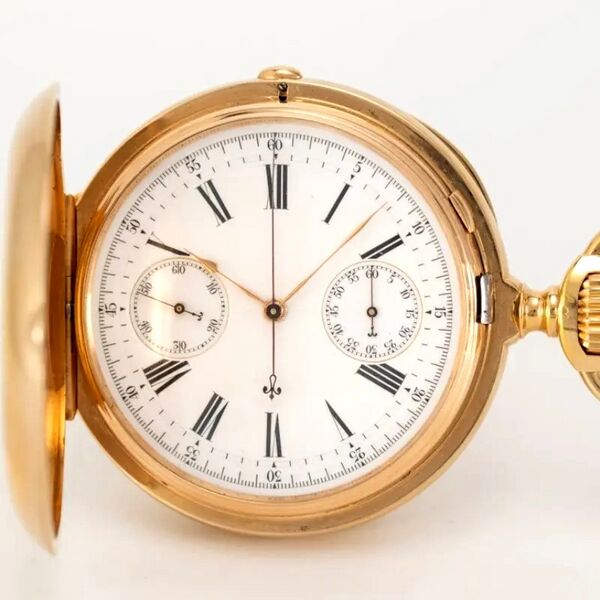 Datei:Chaudé, Roségoldene Savonette mit Chronograph Werk Nr 13138 ca. 1895 (2).jpg