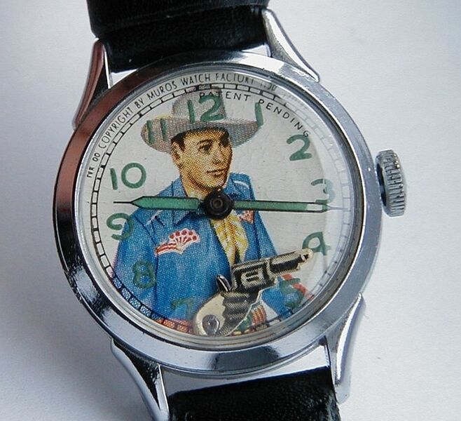 Datei:Muros Roy Rogers Cowboyuhr mit beweglicher Waffe aus dem Jahr 1952.jpg