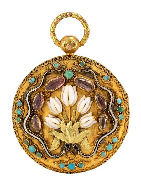 Datei:Moricand & Degrange, mit Türkisen und Amethysten besetzte Genfer Goldemail-Spindeltaschenuhr à quatre couleurs ca. 1829 (2).jpg