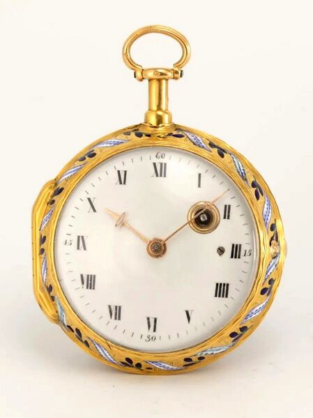 Datei:Jean Baptiste Baillon, beeindruckende Goldemail-Spindeltaschenuhr mit à toc Viertelstundenrepetition, ca. 1750 (1).jpg