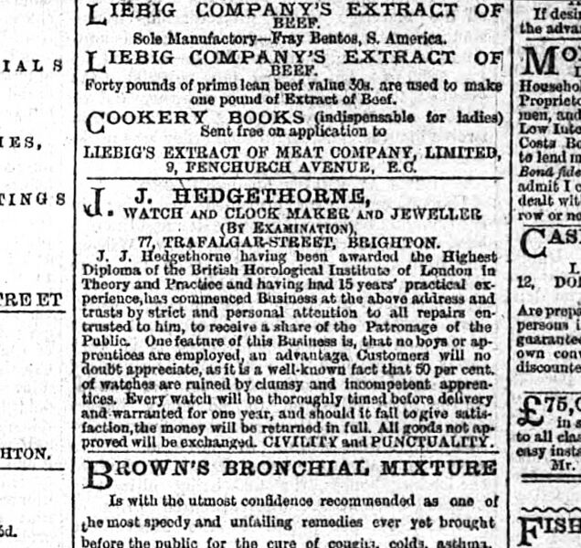 Datei:Anzeige von J.J. Hedgethorne Brighton, The Argus, 11. März 1891.jpg