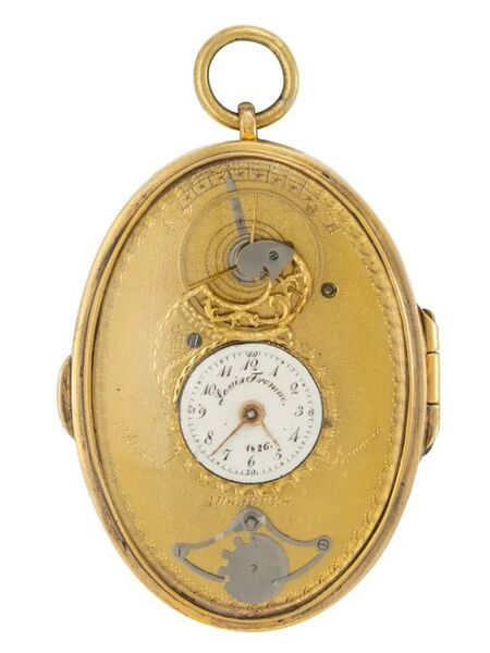 Datei:Michael Baumann, ovale Augsburger Anhängeuhr mit Kommahemmung, sichtbarer Unruh und Stellung ca. 1826 (1).jpg