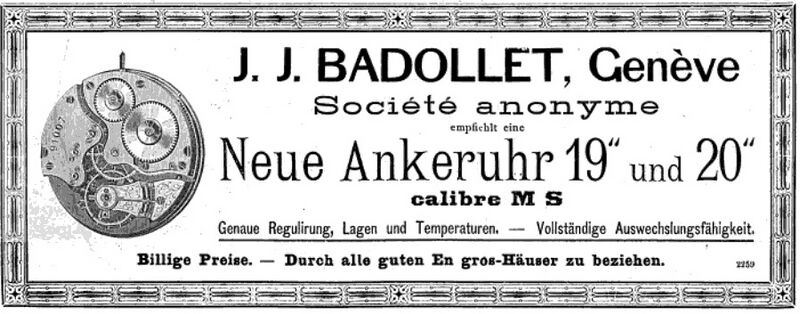 Datei:J.J. Badollet Genève, Anzeige in der Österreichisch-Ungarische Uhrmacher-Zeitung 1893.jpg