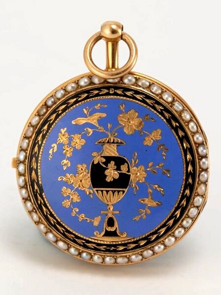 Datei:Antoine Moilliet & Cie. Genfer Goldemail-Damentaschenuhr mit sichbarer, diamantbesetzter Unruh, ca 1800 (2).jpg