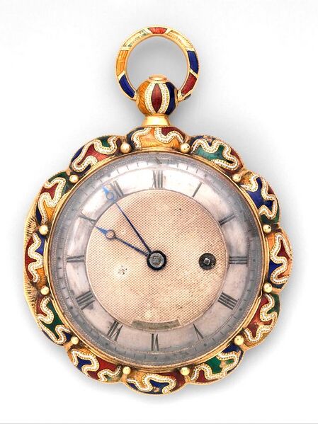 Datei:Moynier & Fils Gehäuse aus Gold und Emaille, juwelenbesetztes Uhrwerk mit Zylinderhemmung, ca 1825 (1).jpg