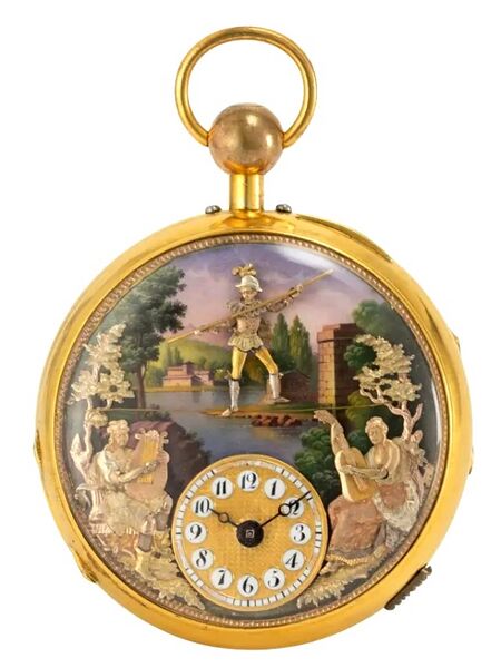 Datei:Du Bois & Fils, Taschenuhr mit Viertelstundenrepetition, Musikspielwerk und drei Automaten Der Seiltänzer ca. 1790 (1).jpg