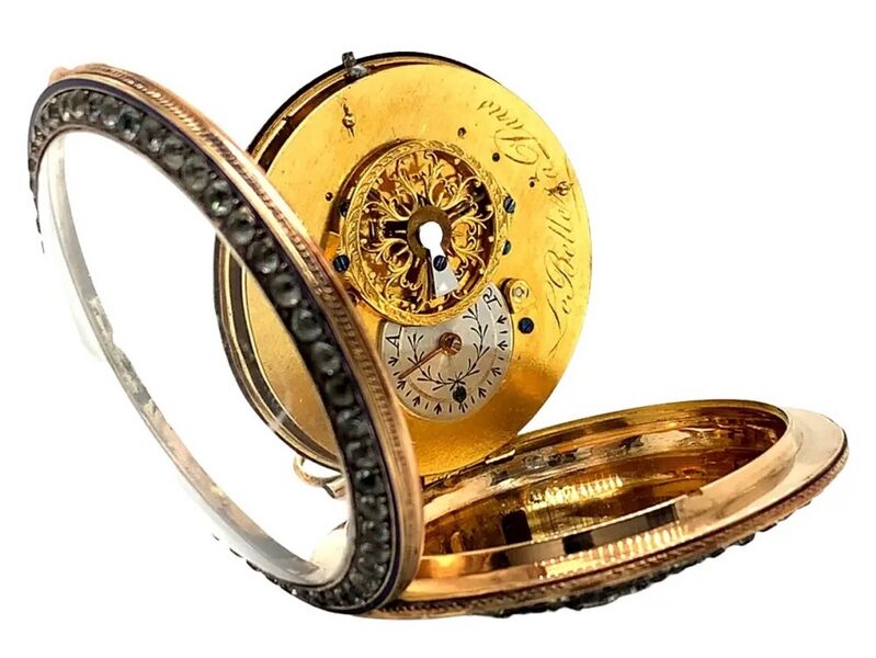 Datei:La Belle à Paris, Goldemail-Spindeltaschenuhr ca. 1800 (6).jpg