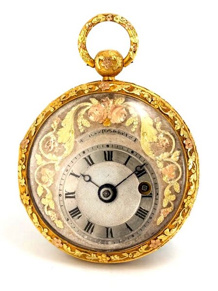 Datei:Moricand & Degrange, mit Türkisen und Amethysten besetzte Genfer Goldemail-Spindeltaschenuhr à quatre couleurs ca. 1829 (1).jpg