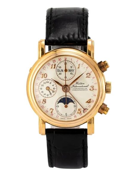 Datei:Waldan International, Armbandchronograph mit Vollkalender und Mondphase - Chronometer ca, 1996 (1).jpg
