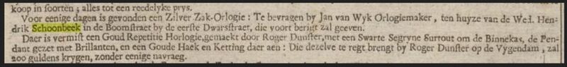 Hendrik Schoonbeek - Jan Van Wyk , Nachricht Amsterdamse Courant 31. Dezember 1743.